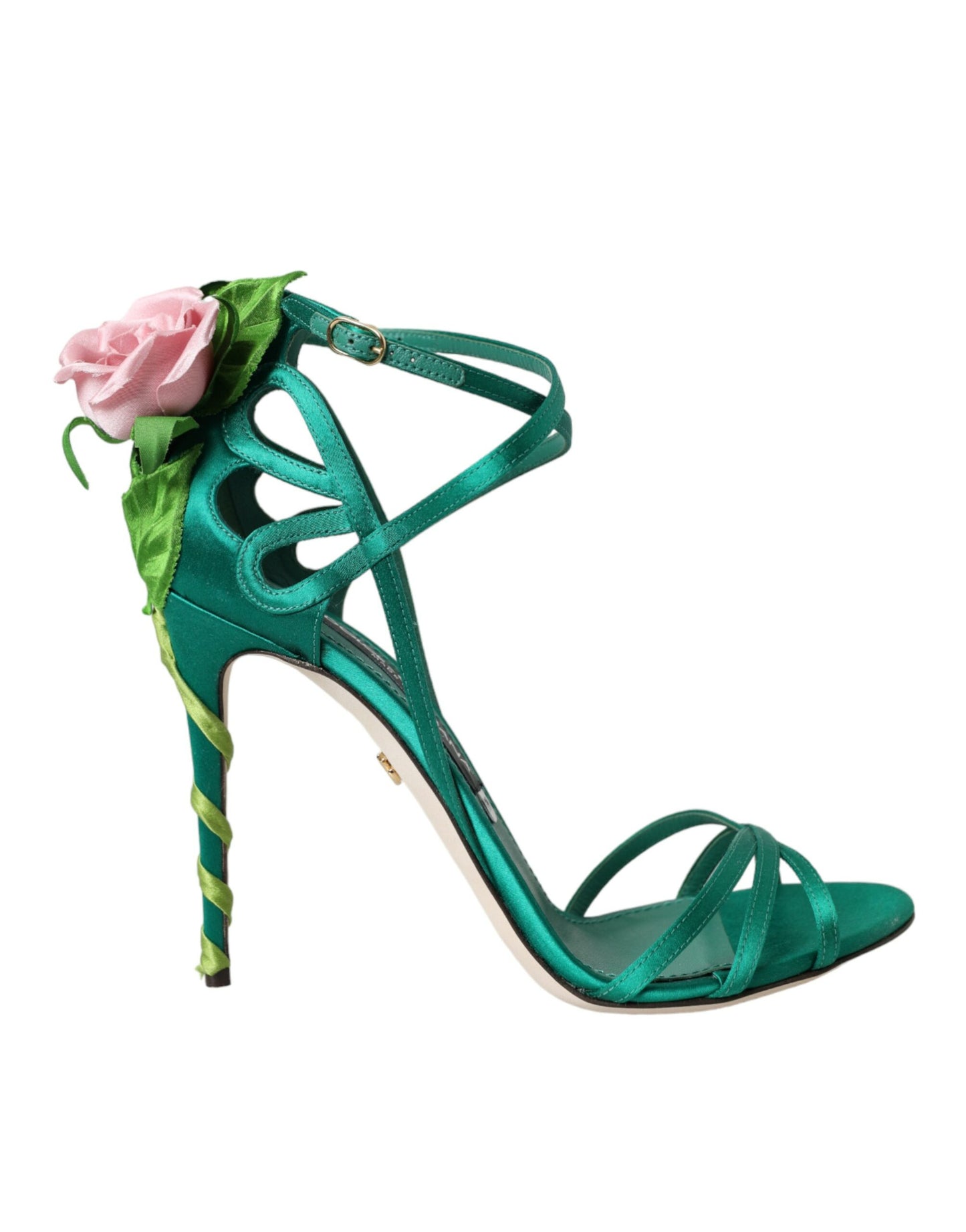 Dolce &amp; Gabbana Green Flower Satin Heels Sandals Shoes