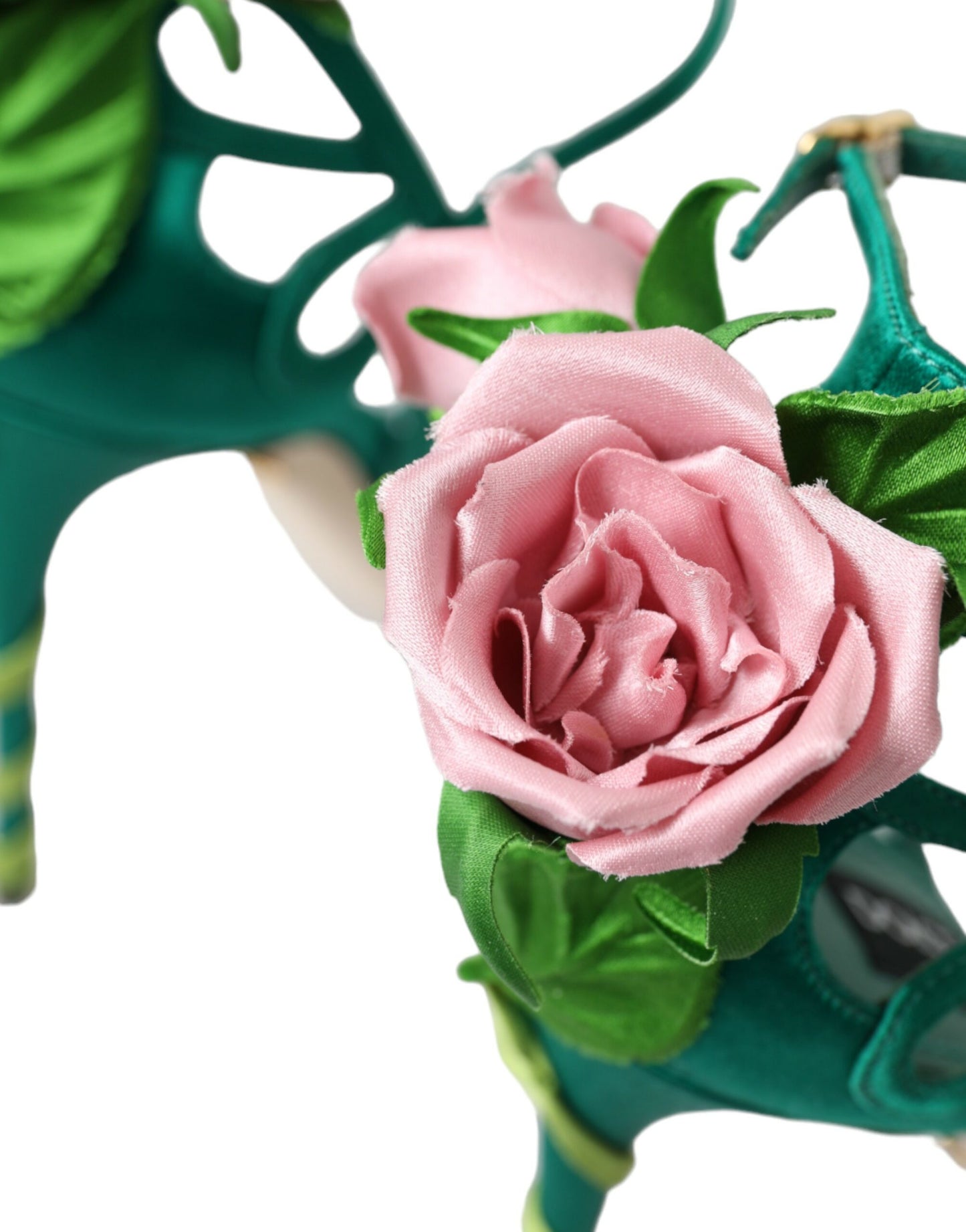 Dolce &amp; Gabbana Green Flower Satin Heels Sandals Shoes