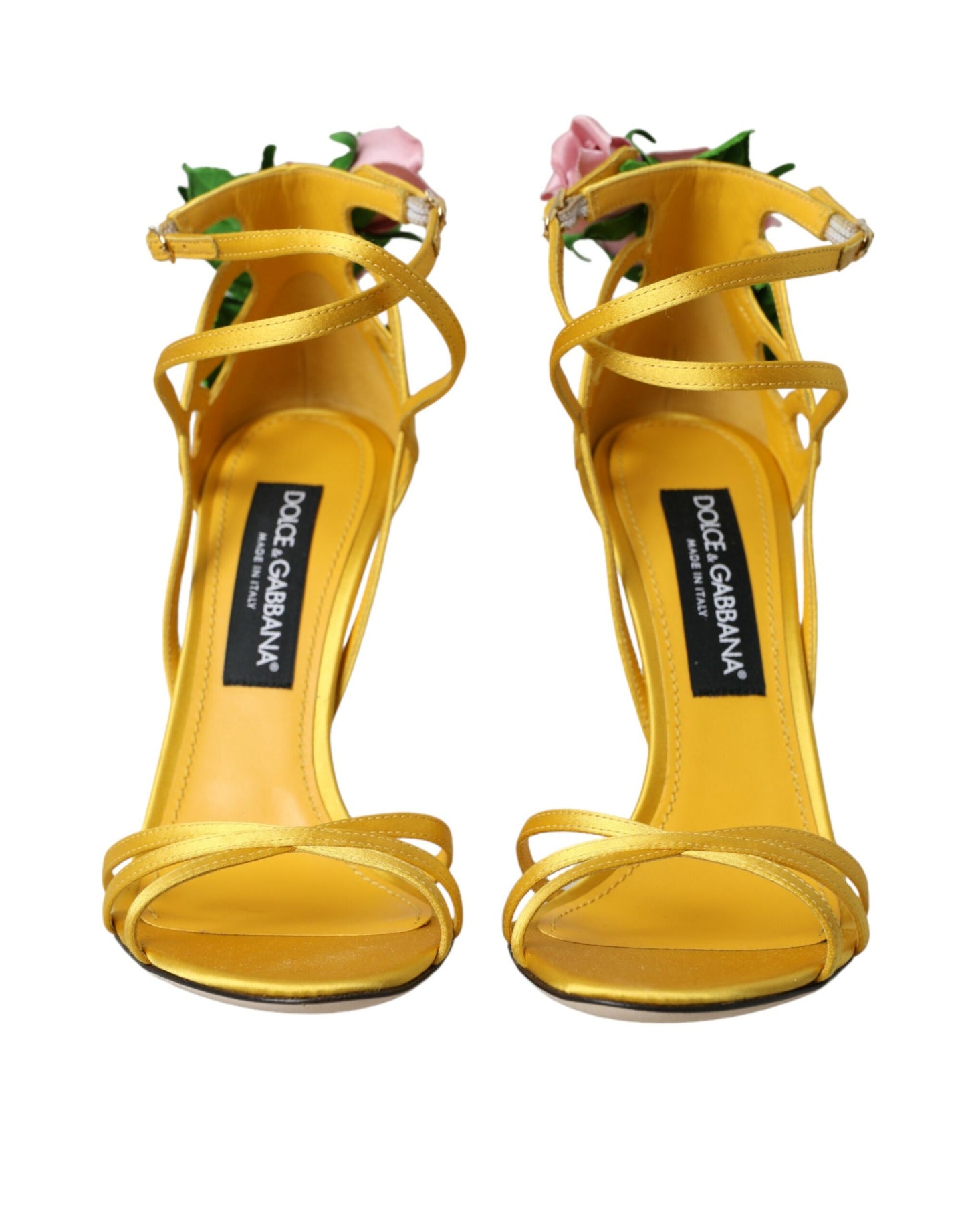 Dolce &amp; Gabbana Yellow Flower Satin Heels Sandals Shoes