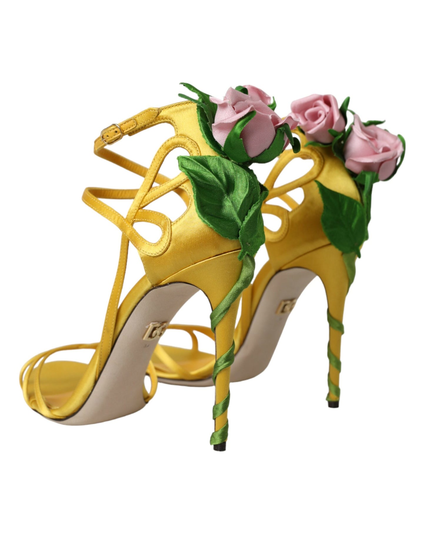 Dolce &amp; Gabbana Yellow Flower Satin Heels Sandals Shoes