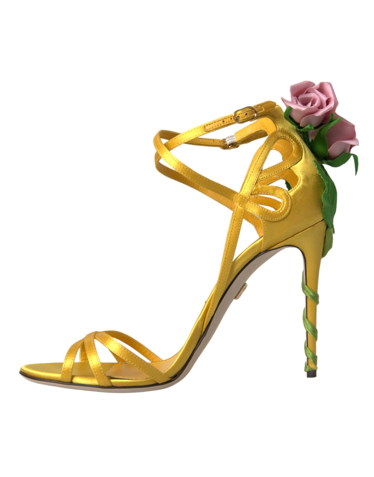 Dolce &amp; Gabbana Yellow Flower Satin Heels Sandals Shoes