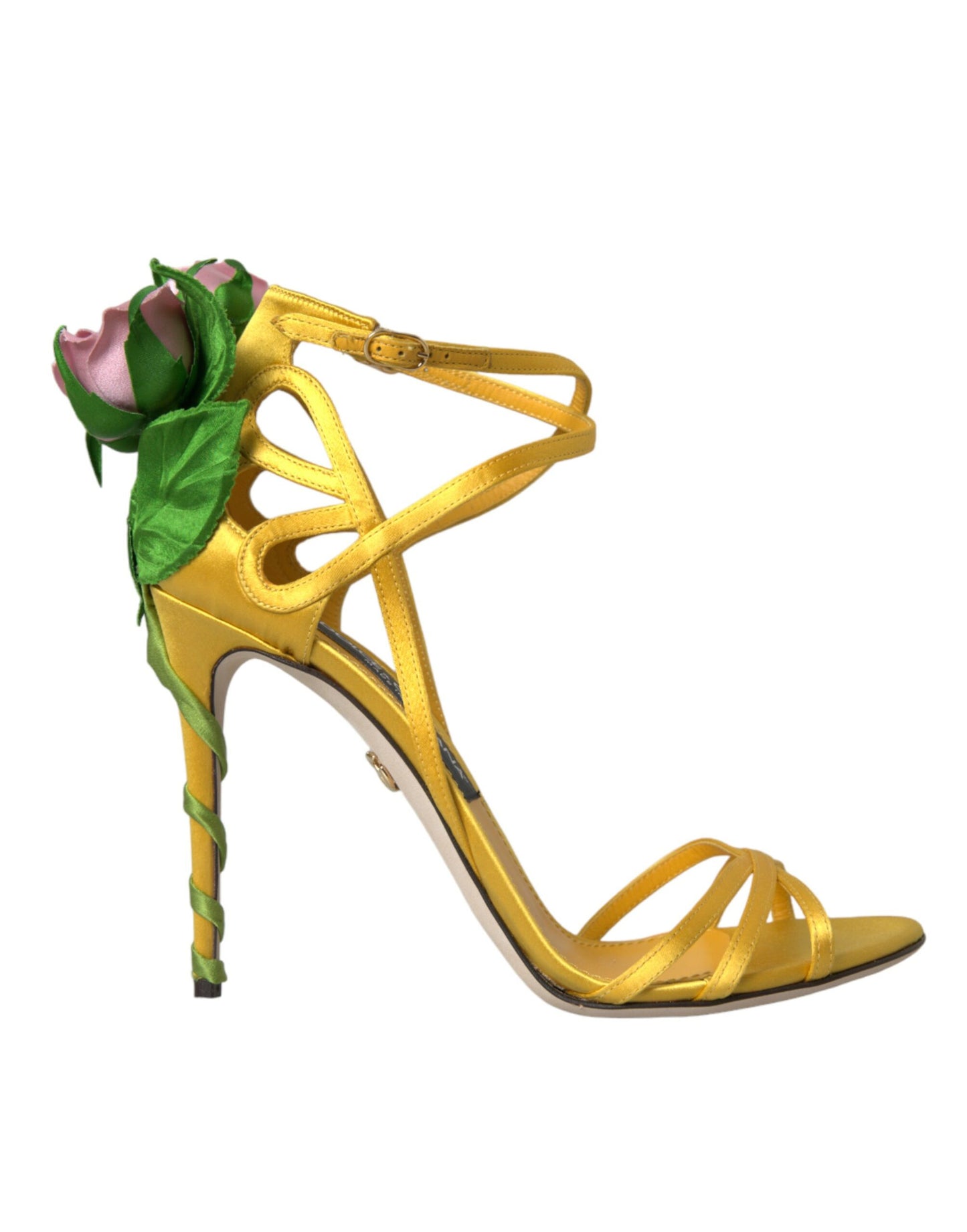 Dolce &amp; Gabbana Yellow Flower Satin Heels Sandals Shoes