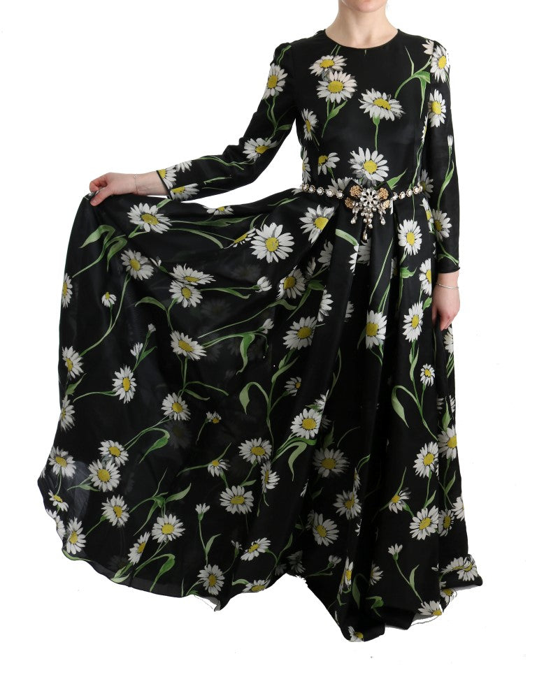 Dolce & Gabbana Elegantes Sonnenblumen-Maxi-Kleid mit Kristallen