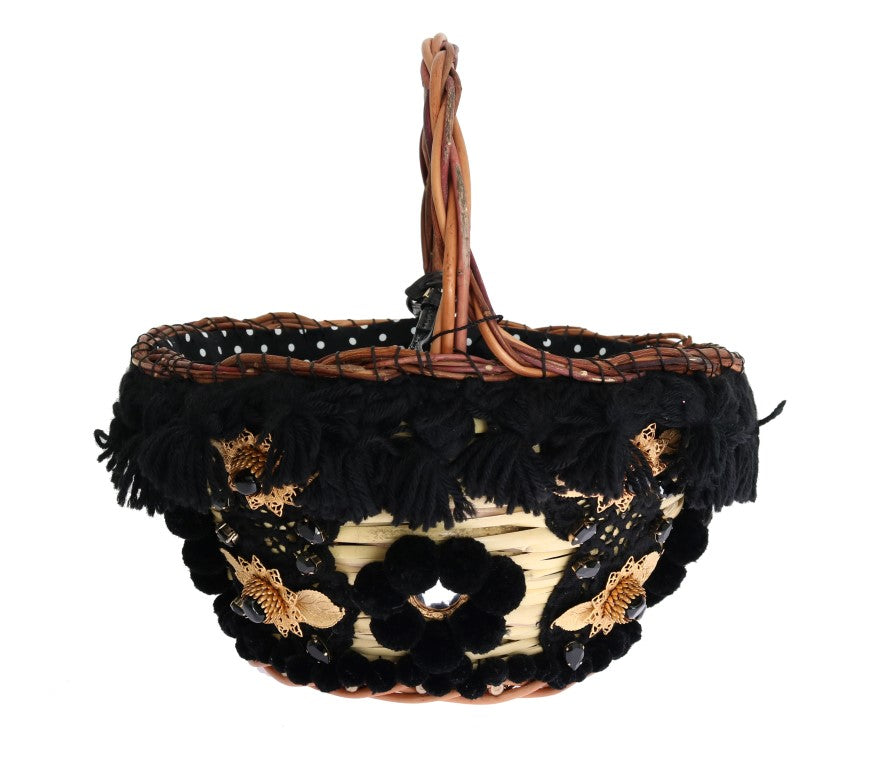 Dolce &amp; Gabbana Chic Beige Black Straw Snakeskin Bucket Bag