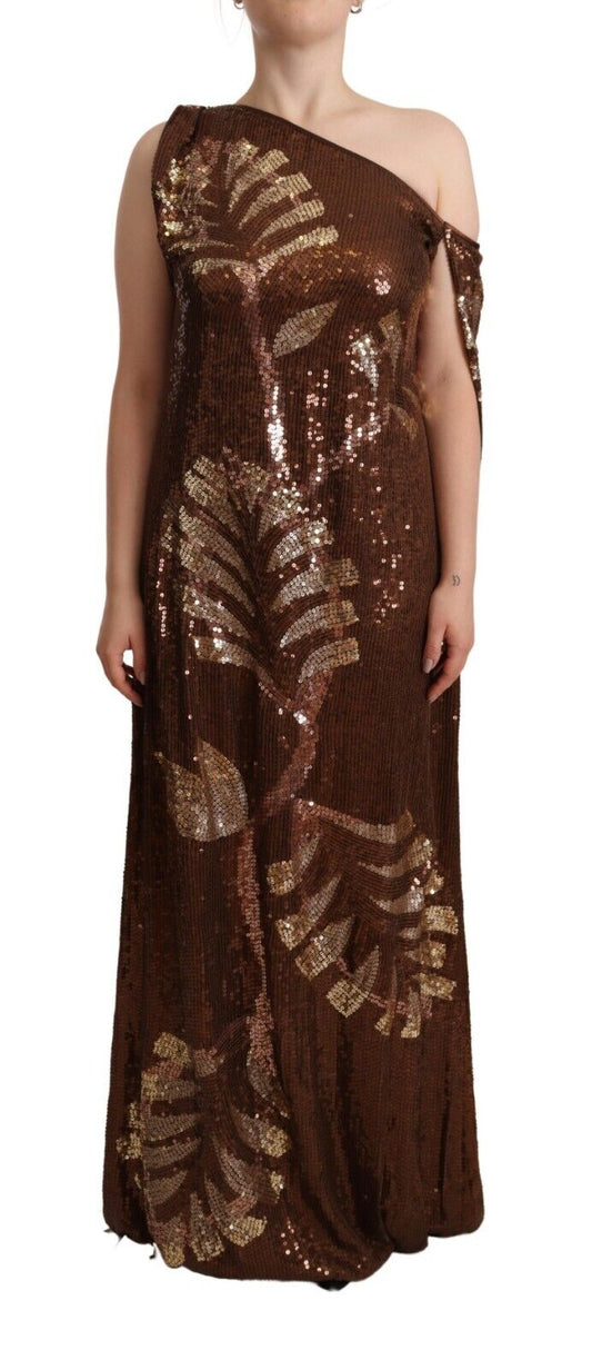 Dsquared² Brown Leaf Sequin Shift One Shoulder Long Dress