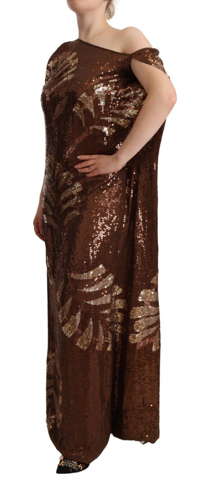 Dsquared² Brown Leaf Sequin Shift One Shoulder Long Dress