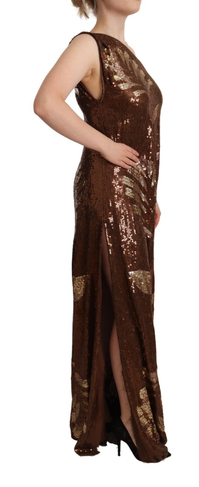 Dsquared² Brown Leaf Sequin Shift One Shoulder Long Dress