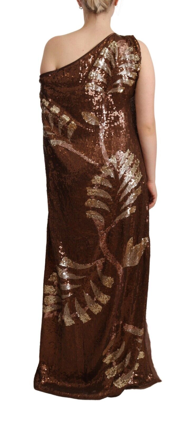 Dsquared² Brown Leaf Sequin Shift One Shoulder Long Dress