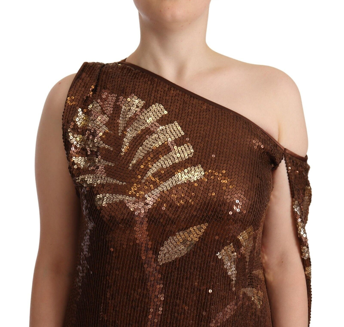 Dsquared² Brown Leaf Sequin Shift One Shoulder Long Dress