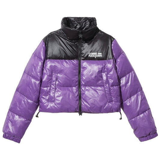 Comme Des Fuckdown Chic purple nylon down jacket with logo detail