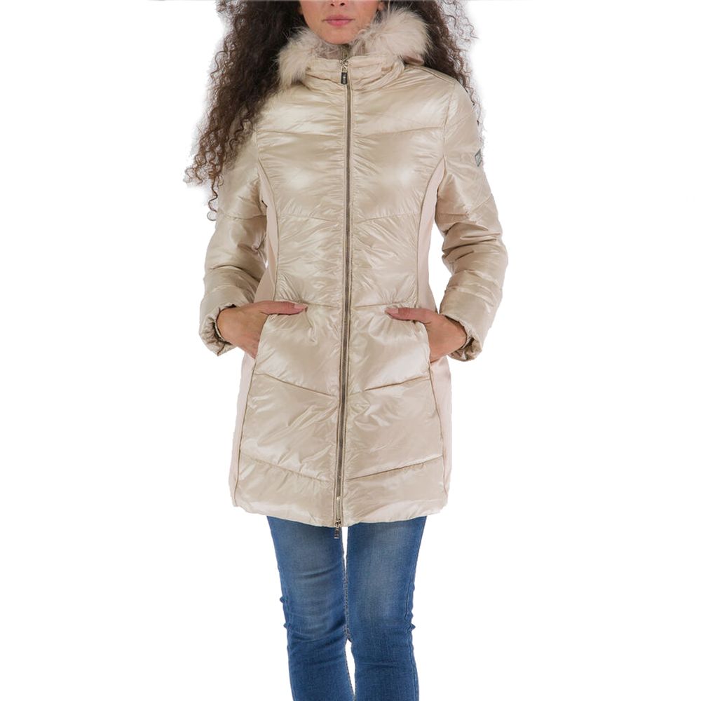 Yes Zee Elegant beige padded women's jacket with fur hood