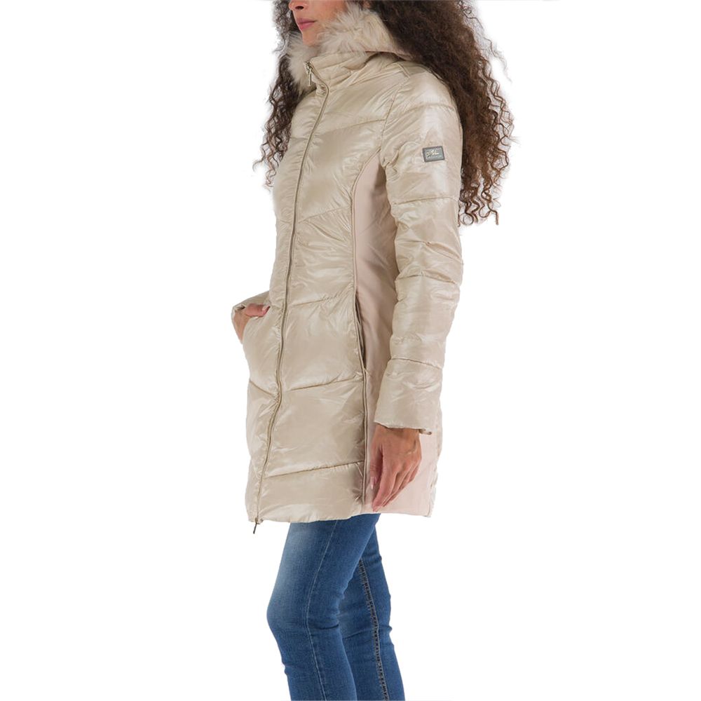 Yes Zee Elegant beige padded women's jacket with fur hood