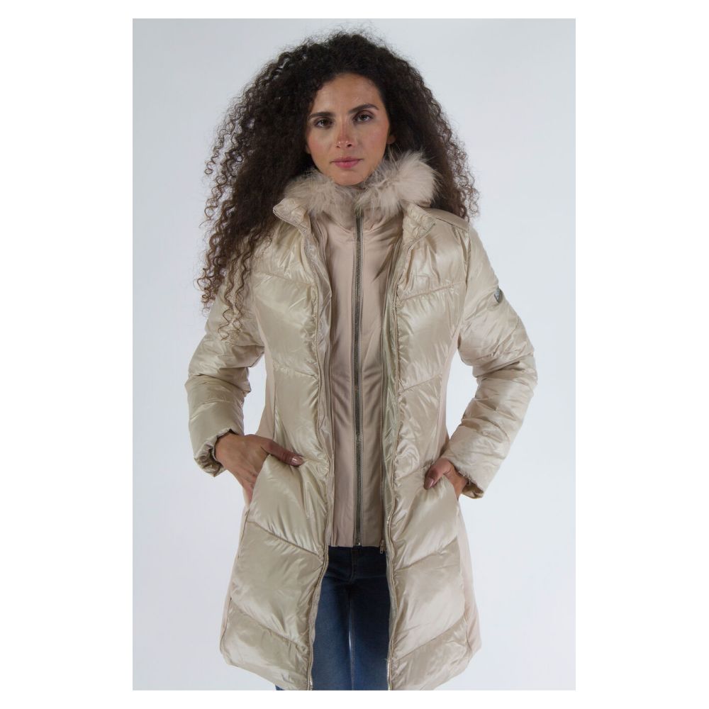 Yes Zee Elegant beige padded women's jacket with fur hood