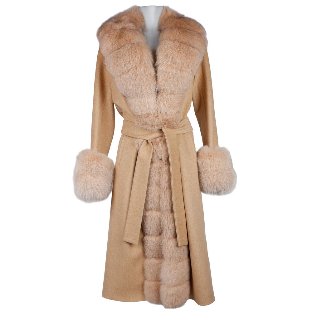 Made in Italy Elegant beige wool coat with fox fur trim