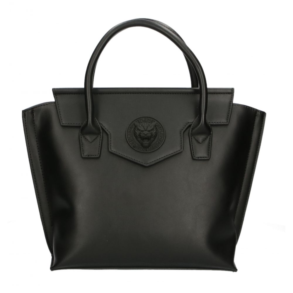 Plein Sport Smooth Black Designer Handbag with Magnetic Closure