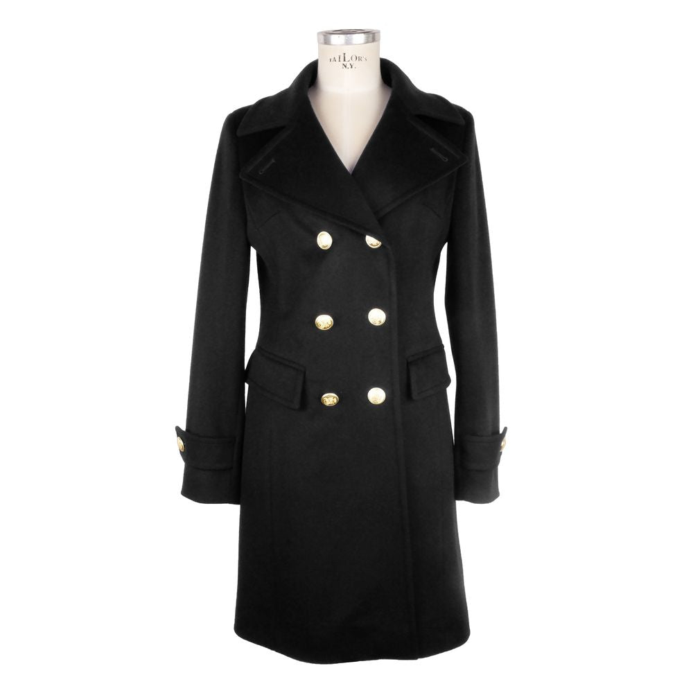 Made in Italy Elegant black coat made of virgin wool with gold buttons