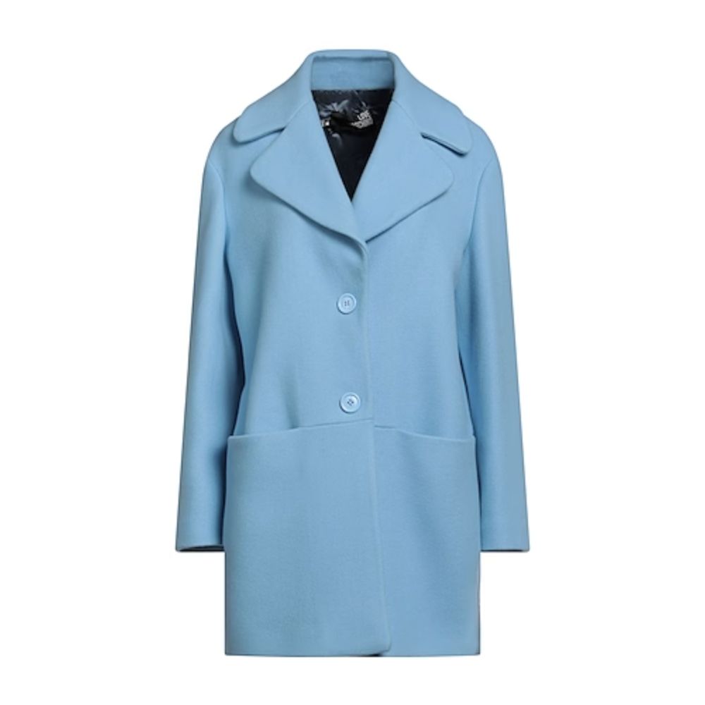 Love Moschino Chic light blue wool coat with embossed logo