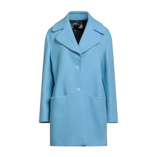 Love Moschino Chic light blue wool coat with embossed logo