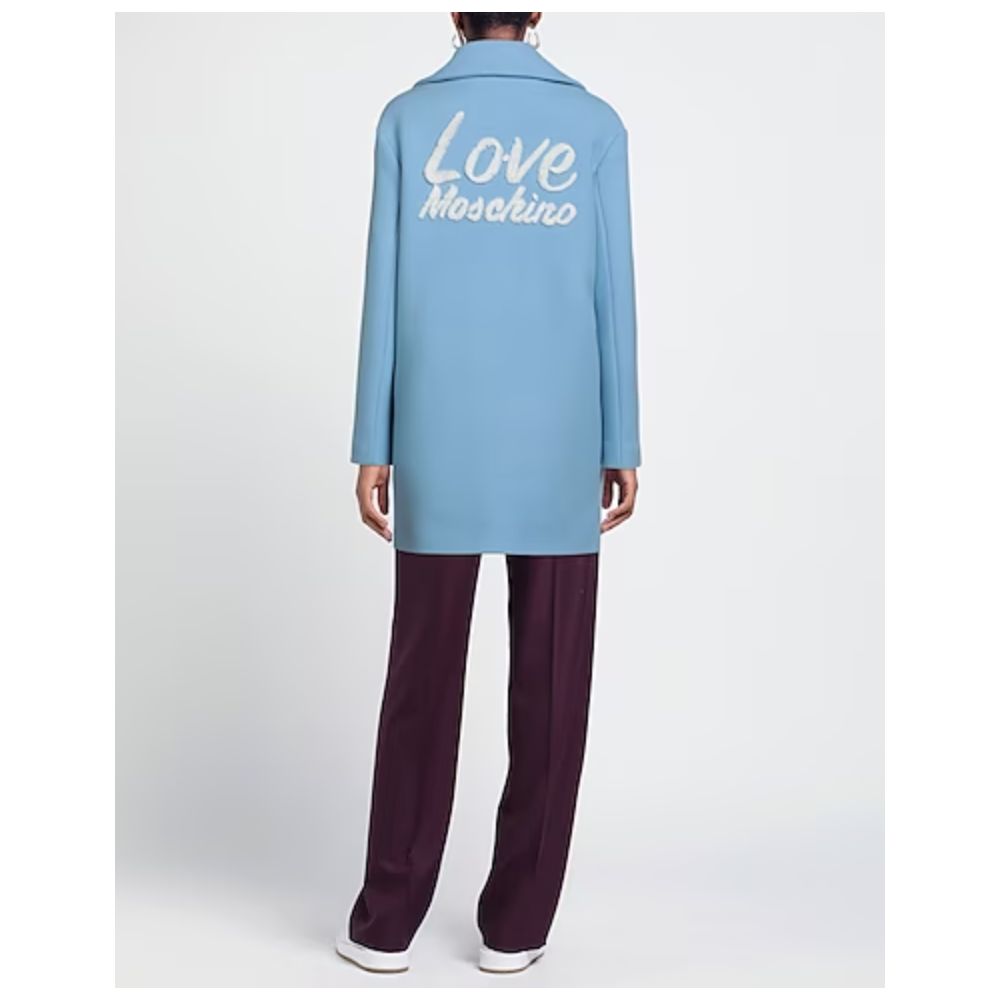 Love Moschino Chic light blue wool coat with embossed logo