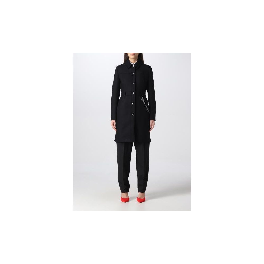 Love Moschino Elegant coat in black wool with silver chain detail