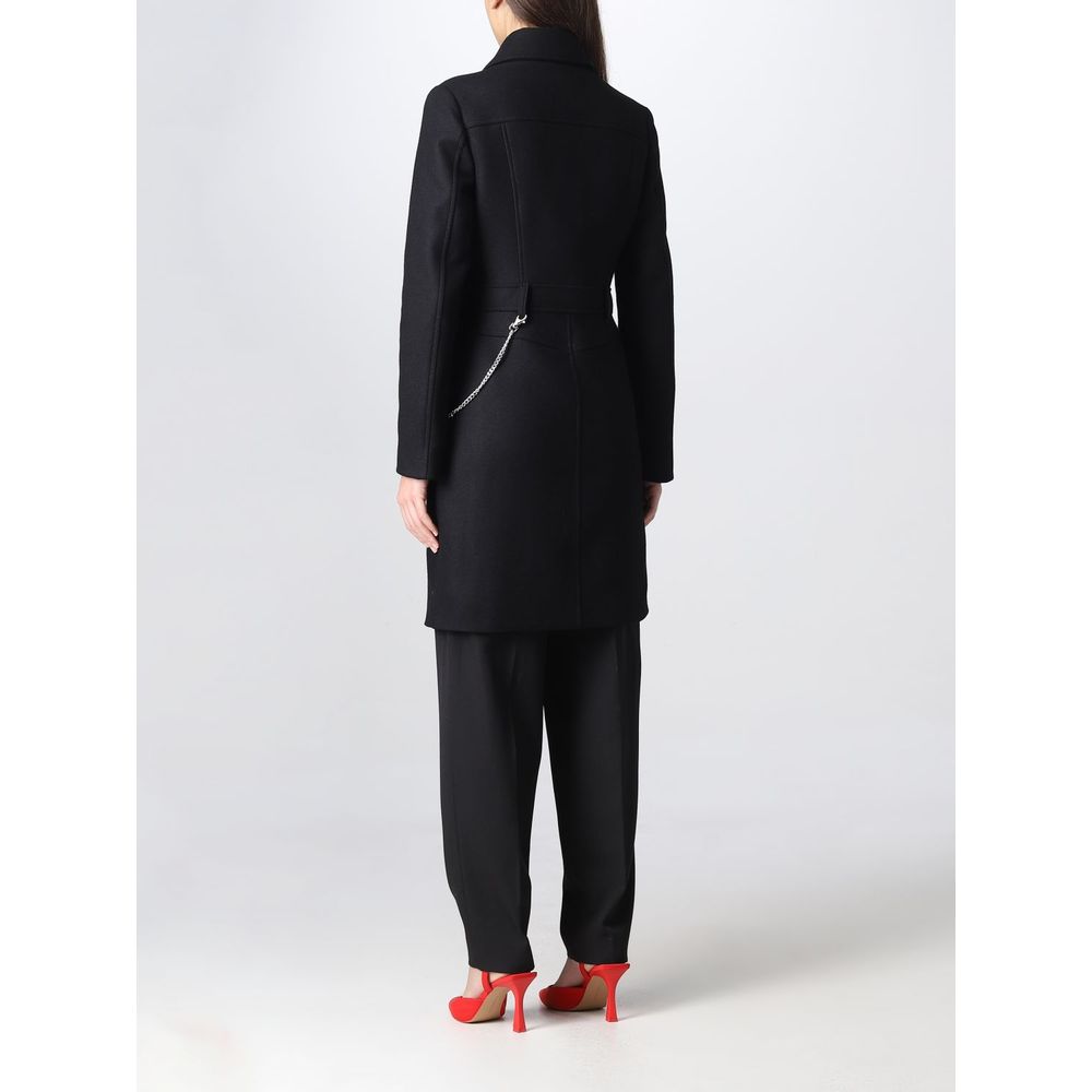 Love Moschino Elegant coat in black wool with silver chain detail