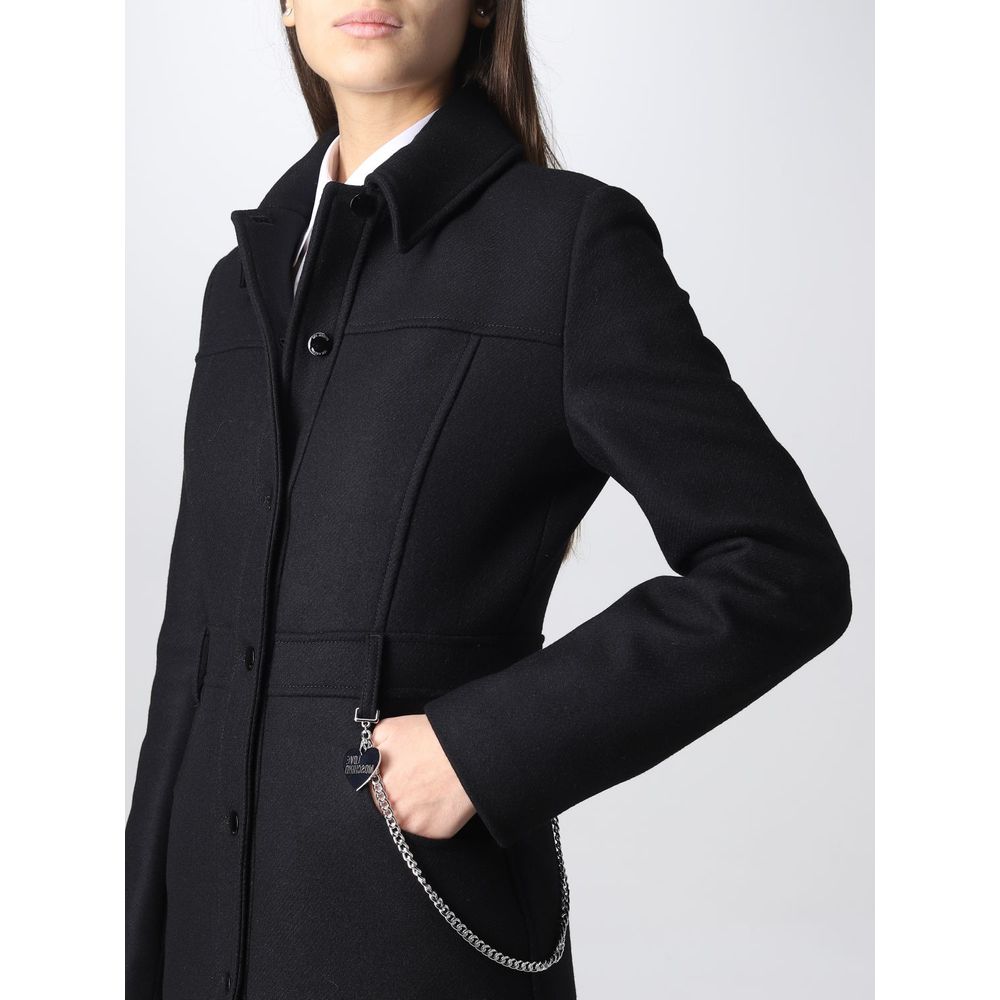 Love Moschino Elegant coat in black wool with silver chain detail