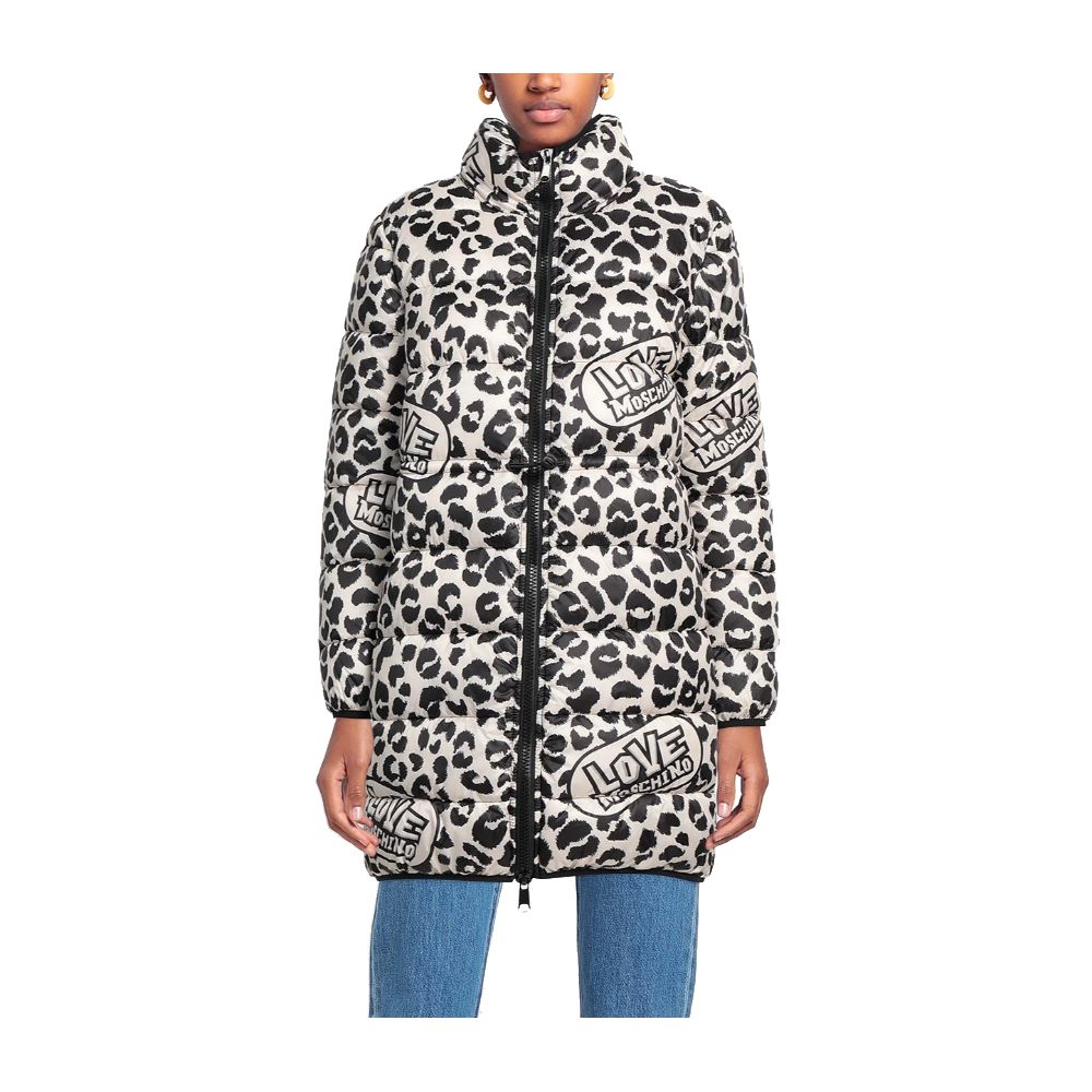 Love Moschino Charming long down jacket with leopard print