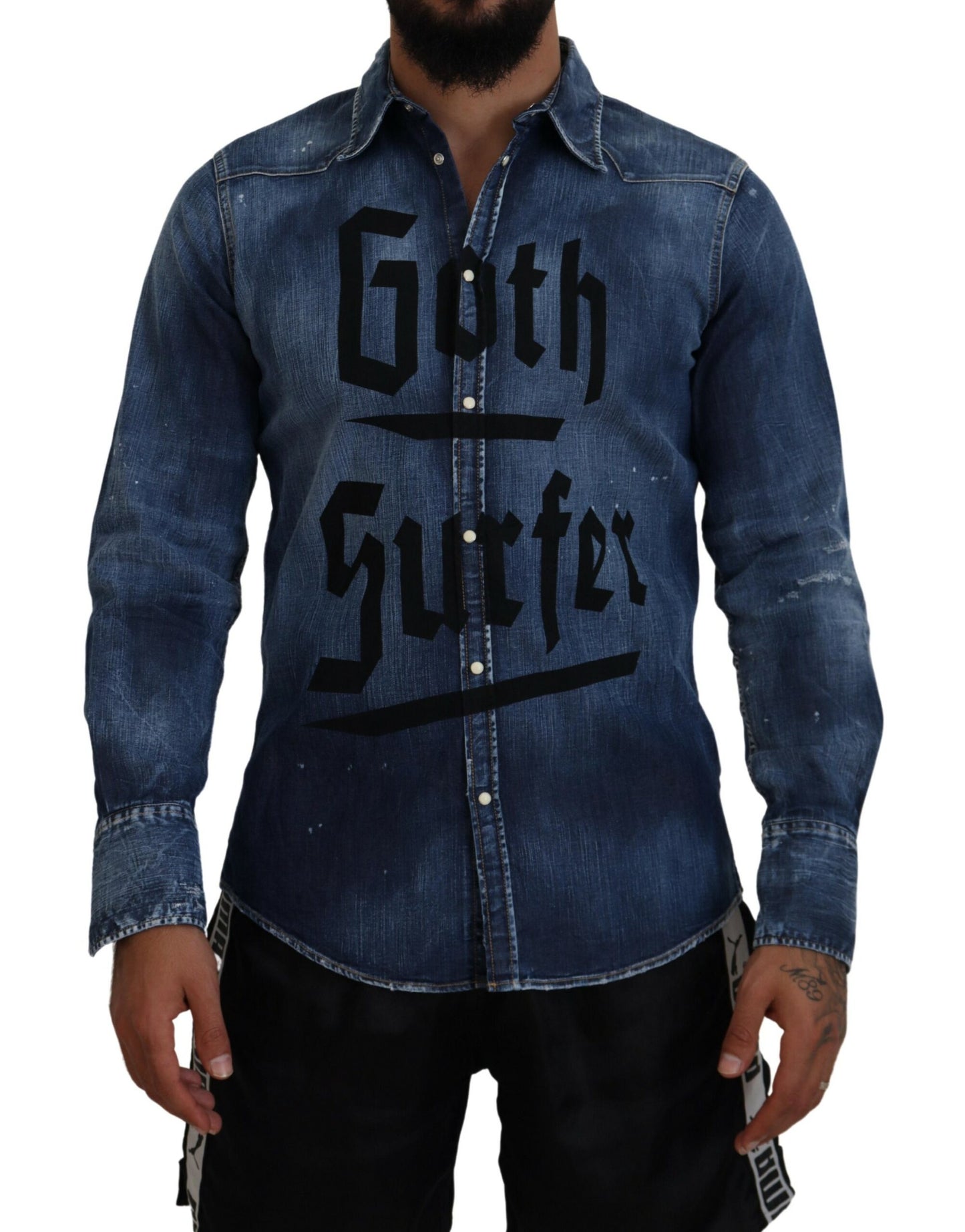 Dsquared² Blau gewaschenes Goth Surfer Print Herren Denim Shirt