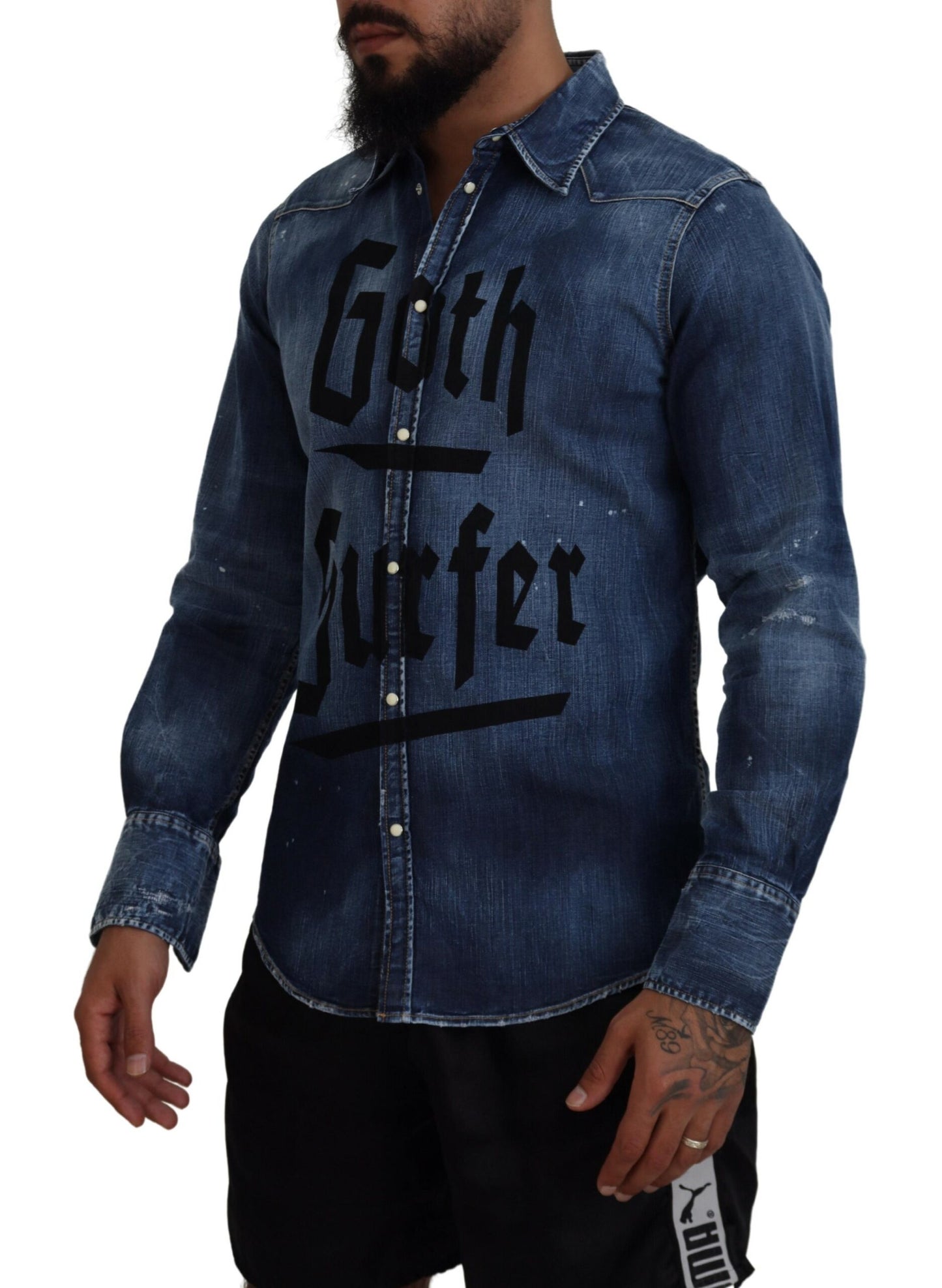 Dsquared² Blau gewaschenes Goth Surfer Print Herren Denim Shirt