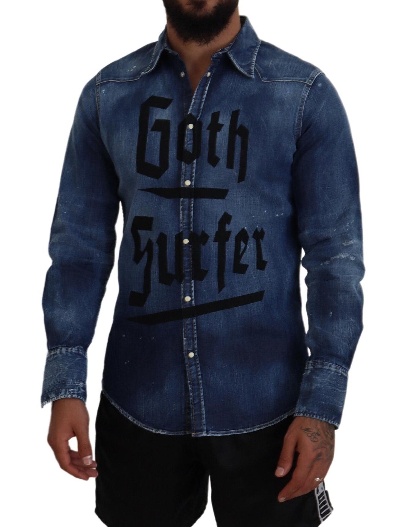 Dsquared² Blau gewaschenes Goth Surfer Print Herren Denim Shirt