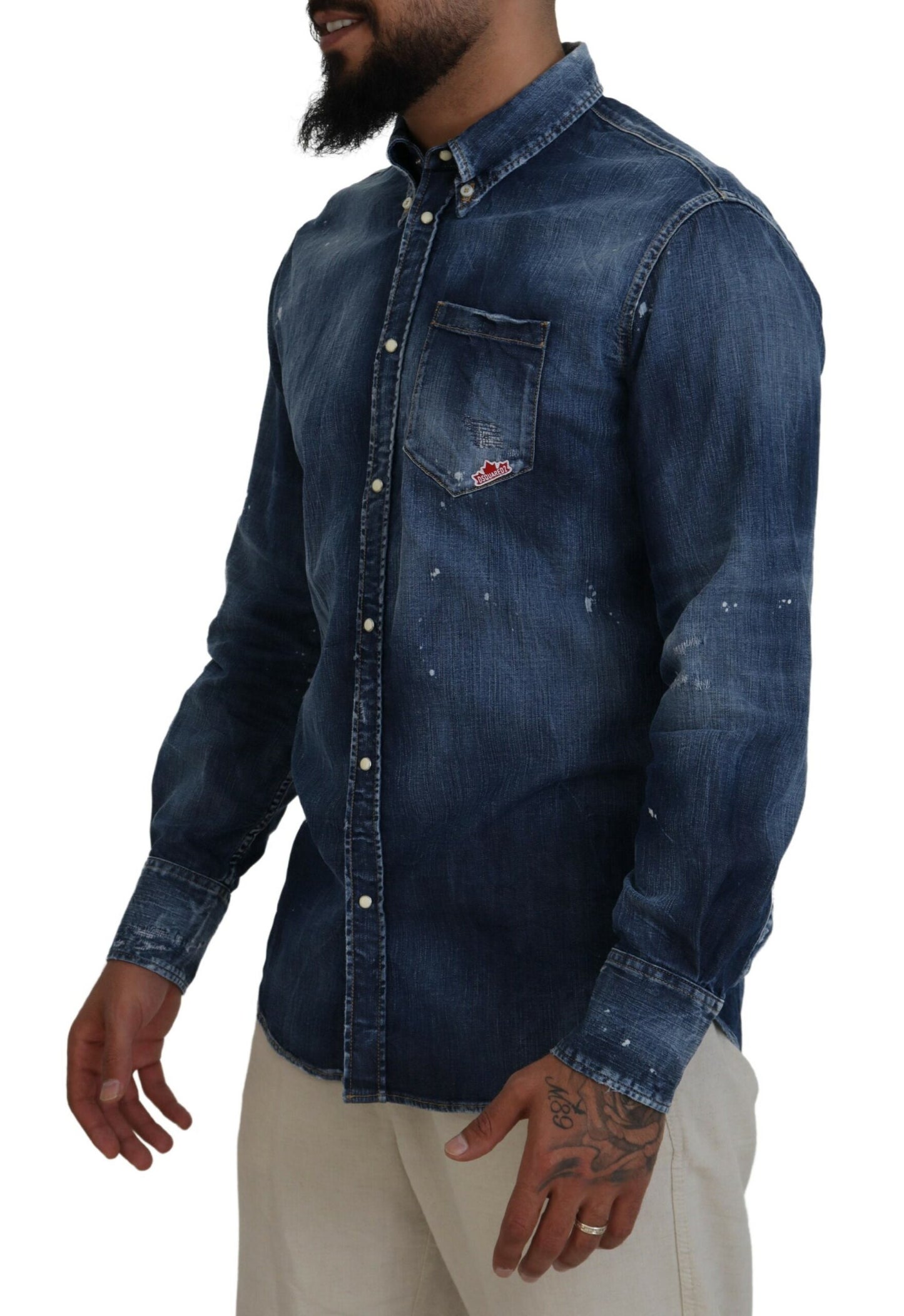 Dsquared² Blue Washed Collared Men's Long Sleeve Casual Shirt