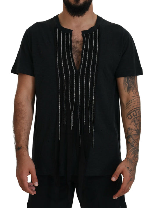 Dsquared² Black cotton short sleeve T-shirt with chain detail