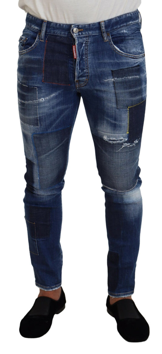 Dsquared² Blau gewaschene Patchwork Skinny Herren Denim Jeans