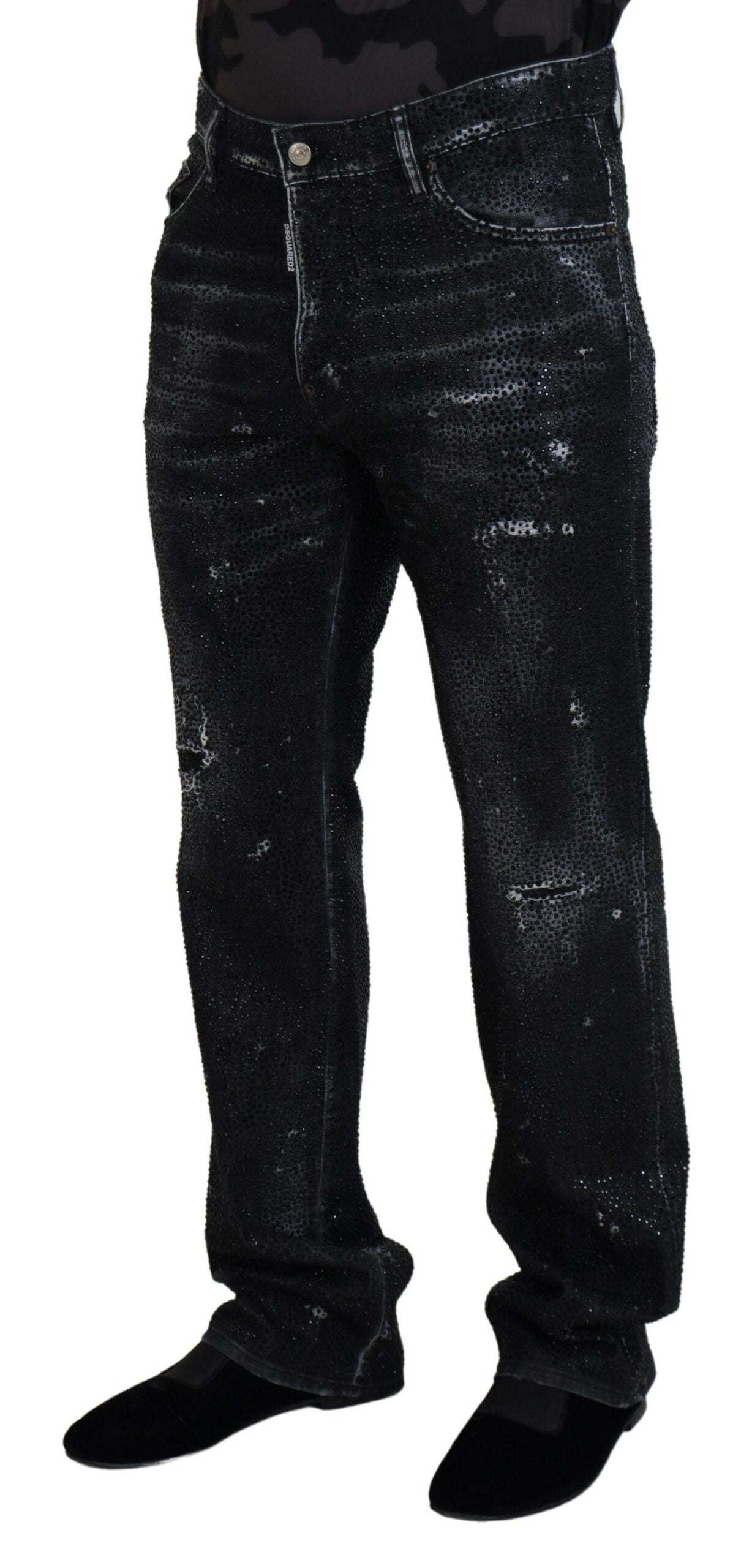 Dsquared² Black Crystal Embellished Ripped Denim Jeans