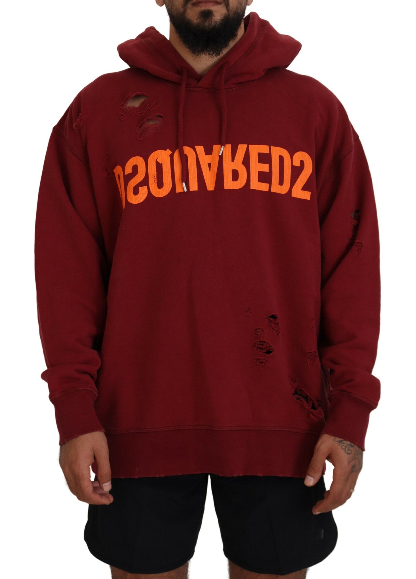 Dsquared² Maroon Cotton Tattered Hooded Printed Pullover