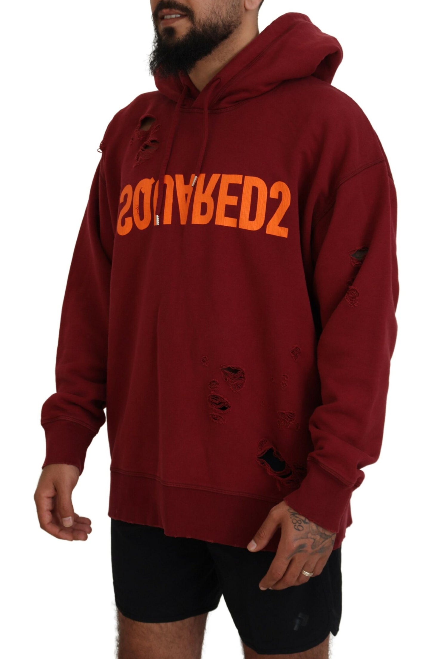 Dsquared² Maroon Cotton Tattered Hooded Printed Pullover