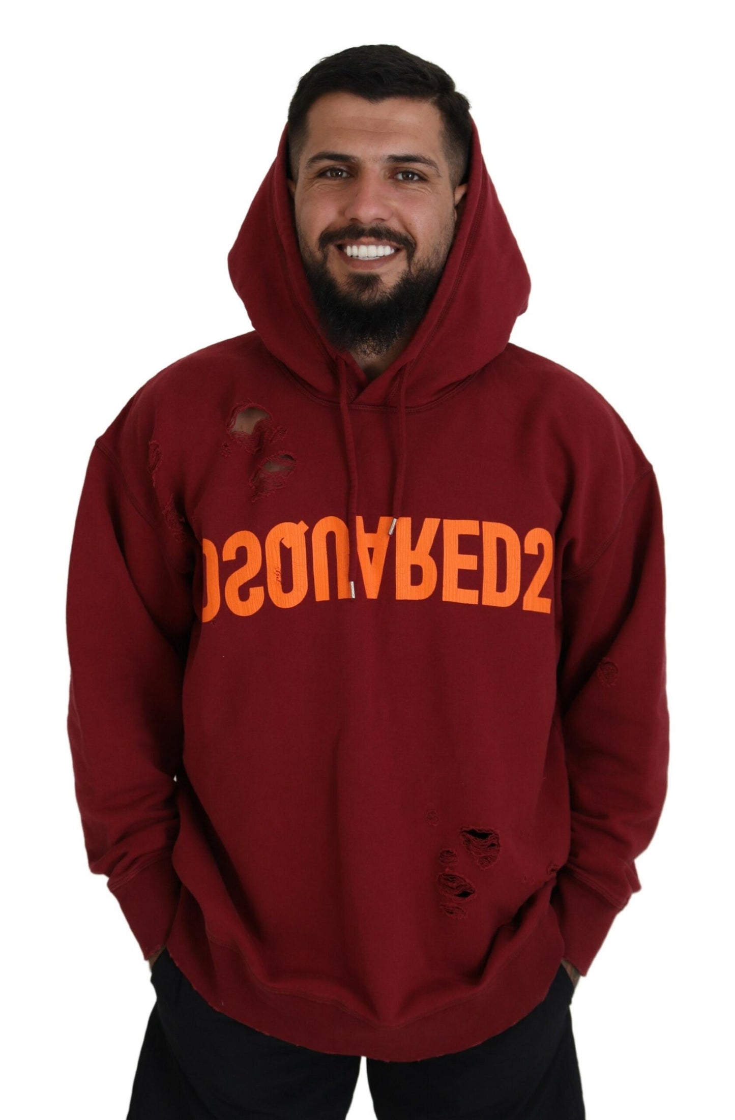 Dsquared² Maroon Cotton Tattered Hooded Printed Pullover