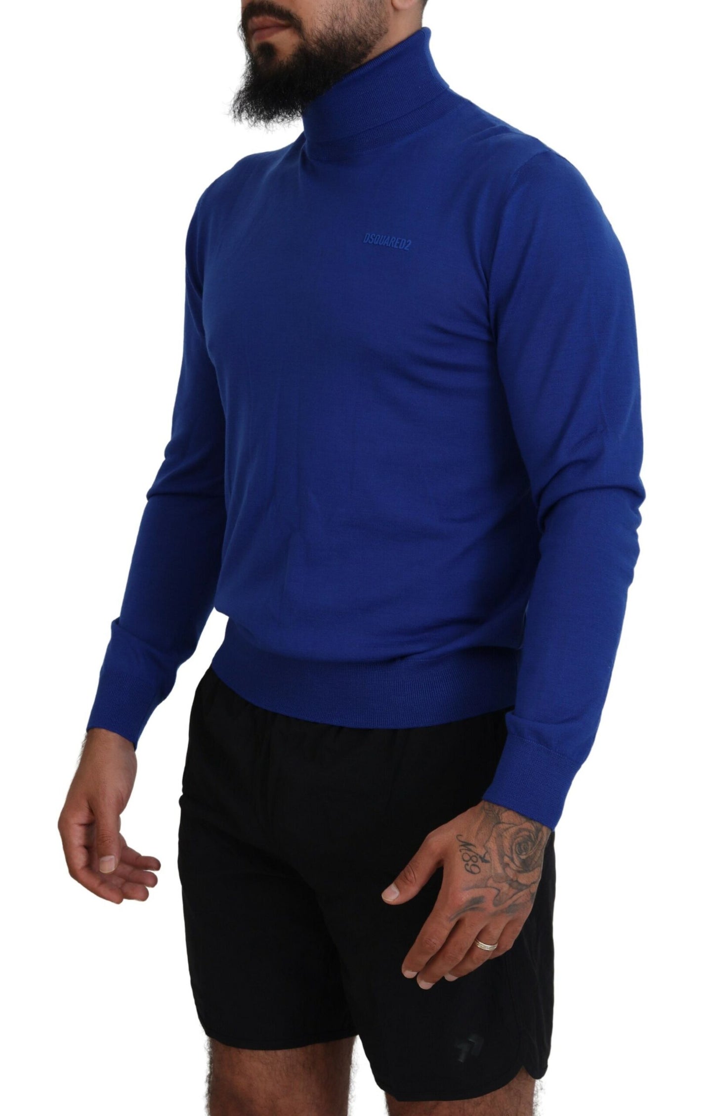 Dsquared² Blue turtleneck sweater with logo print and long sleeves