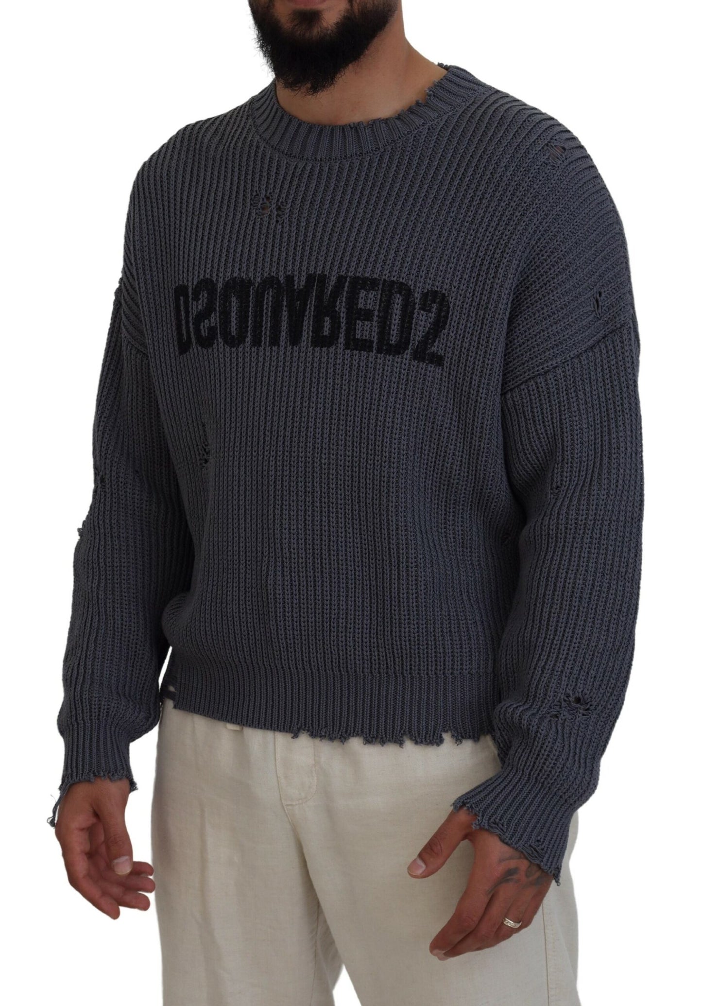 Dsquared² Grauer zerfledderter Herren Strickpullover