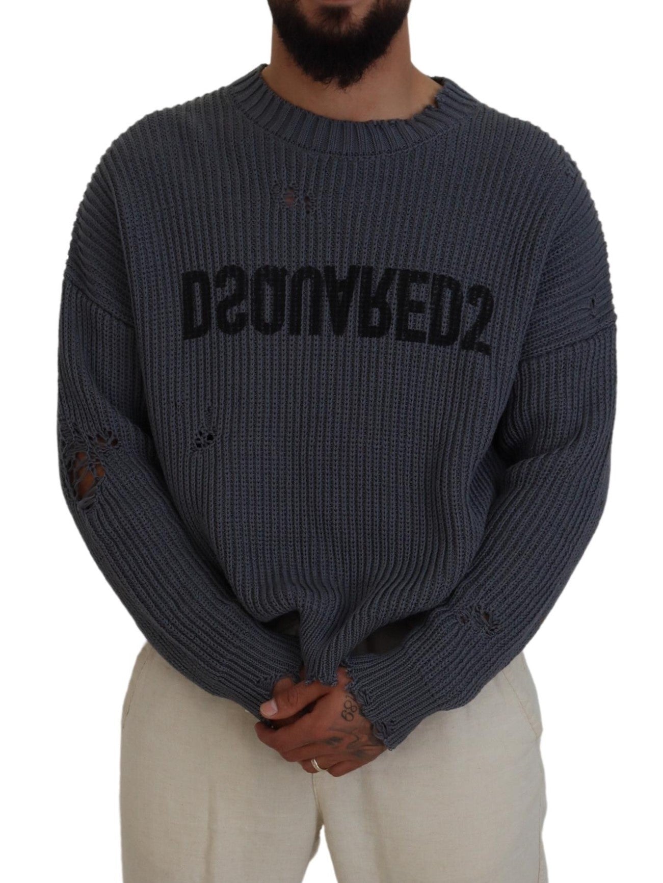 Dsquared² Grauer zerfledderter Herren Strickpullover