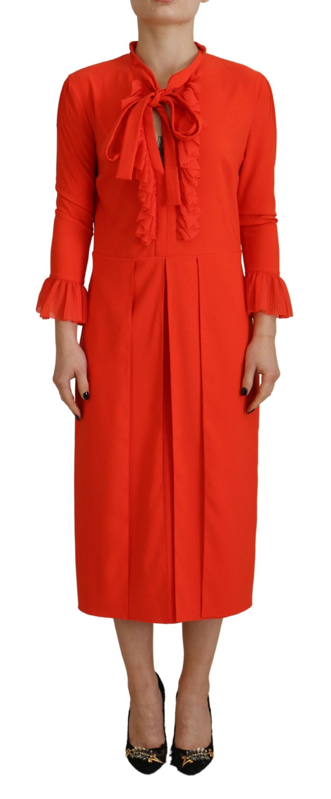 Dsquared² Red Polyester Midi Dress with Long Sleeves and Pleats