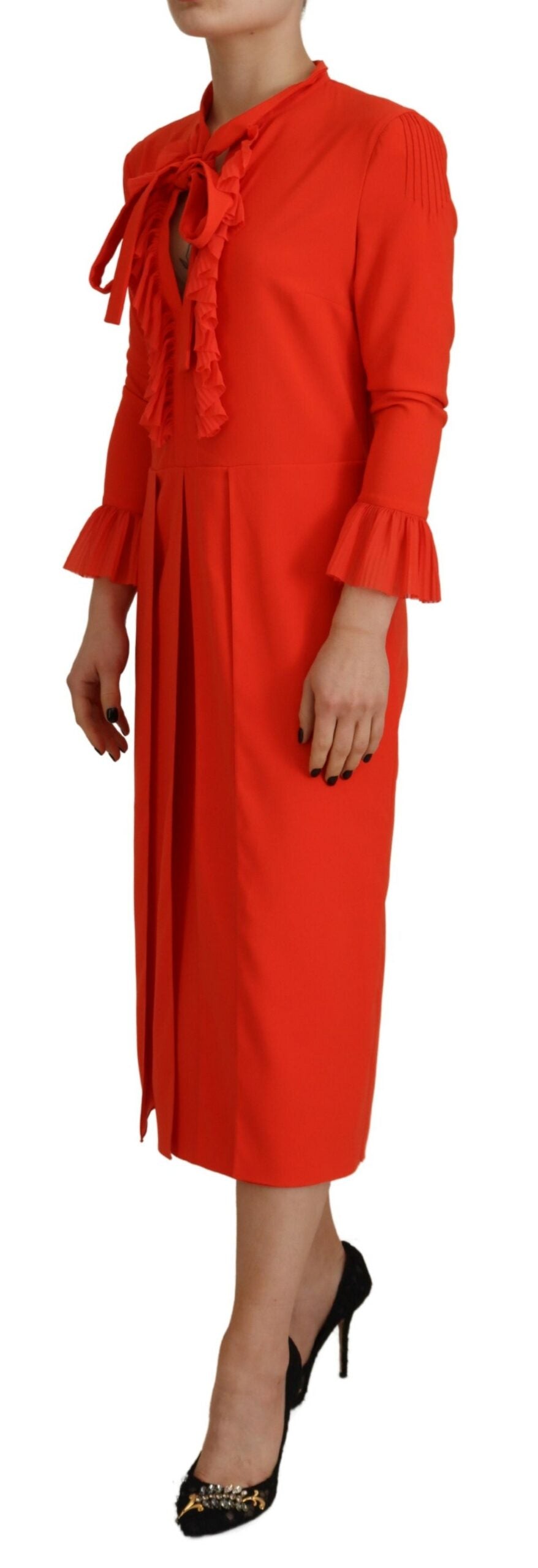 Dsquared² Red Polyester Midi Dress with Long Sleeves and Pleats