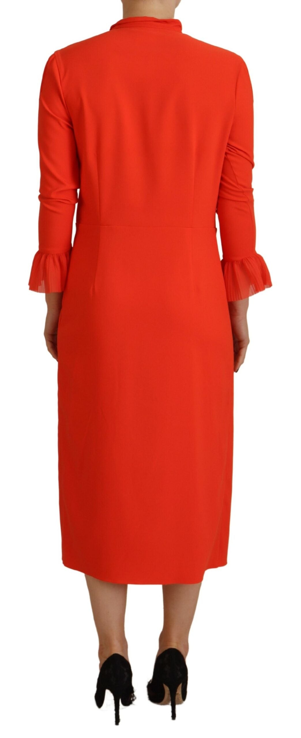 Dsquared² Red Polyester Midi Dress with Long Sleeves and Pleats