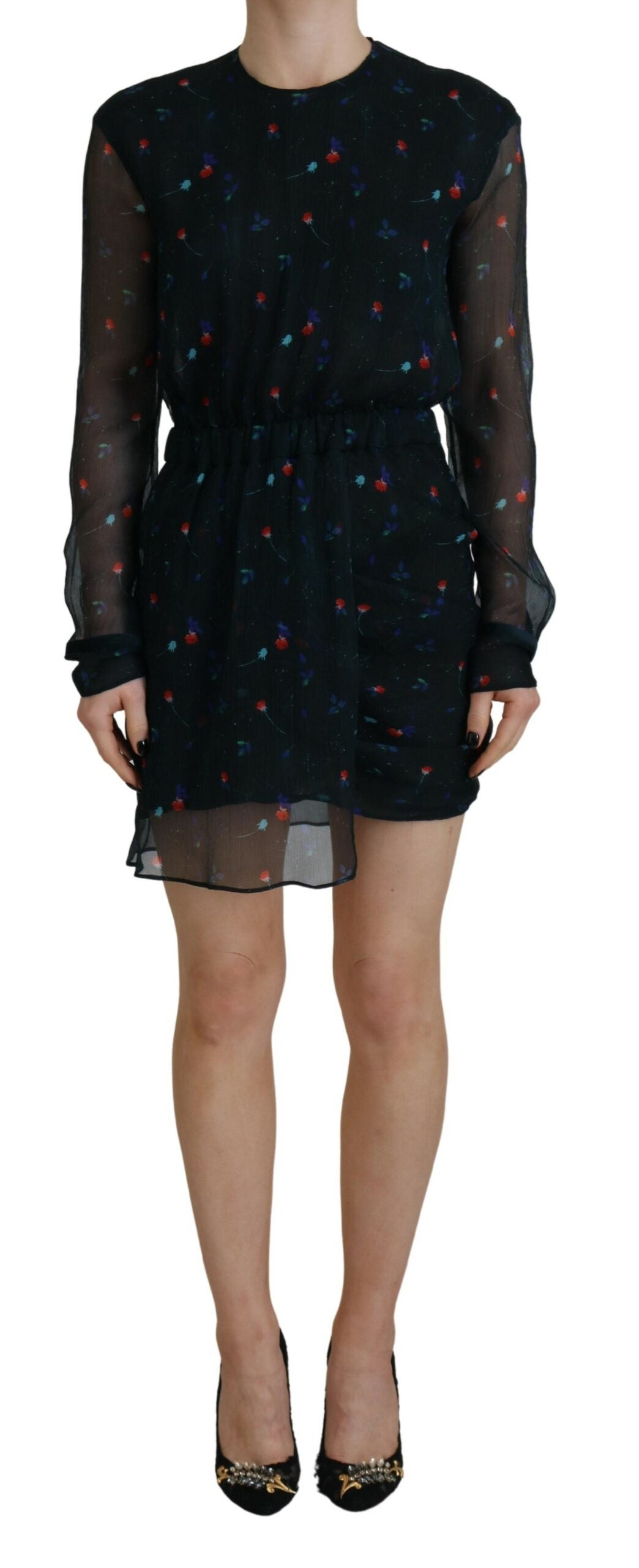 Dsquared² Black Floral Silk Long Sleeve Coat Mini Dress