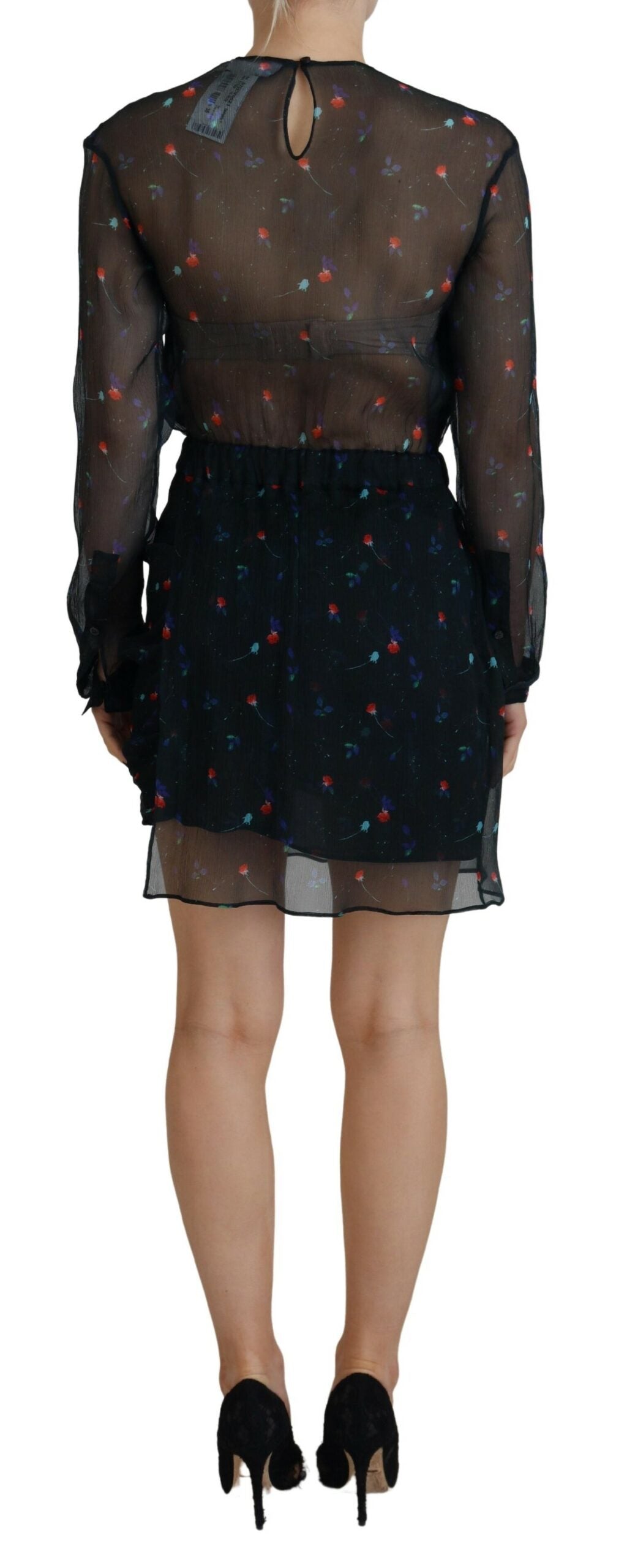 Dsquared² Black Floral Silk Long Sleeve Coat Mini Dress