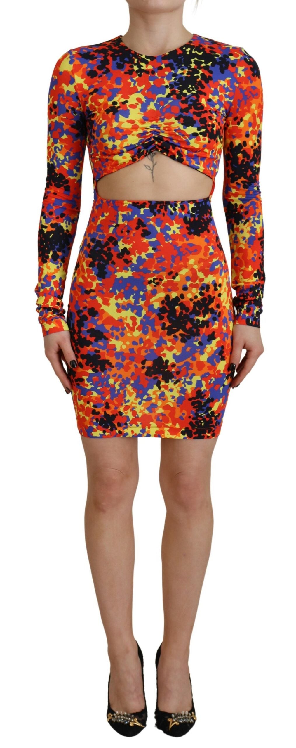 Dsquared² Multicolor Batik Dress with Long Sleeves and Open Belly