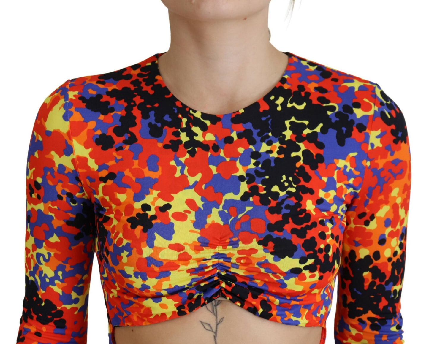 Dsquared² Multicolor Batik Dress with Long Sleeves and Open Belly