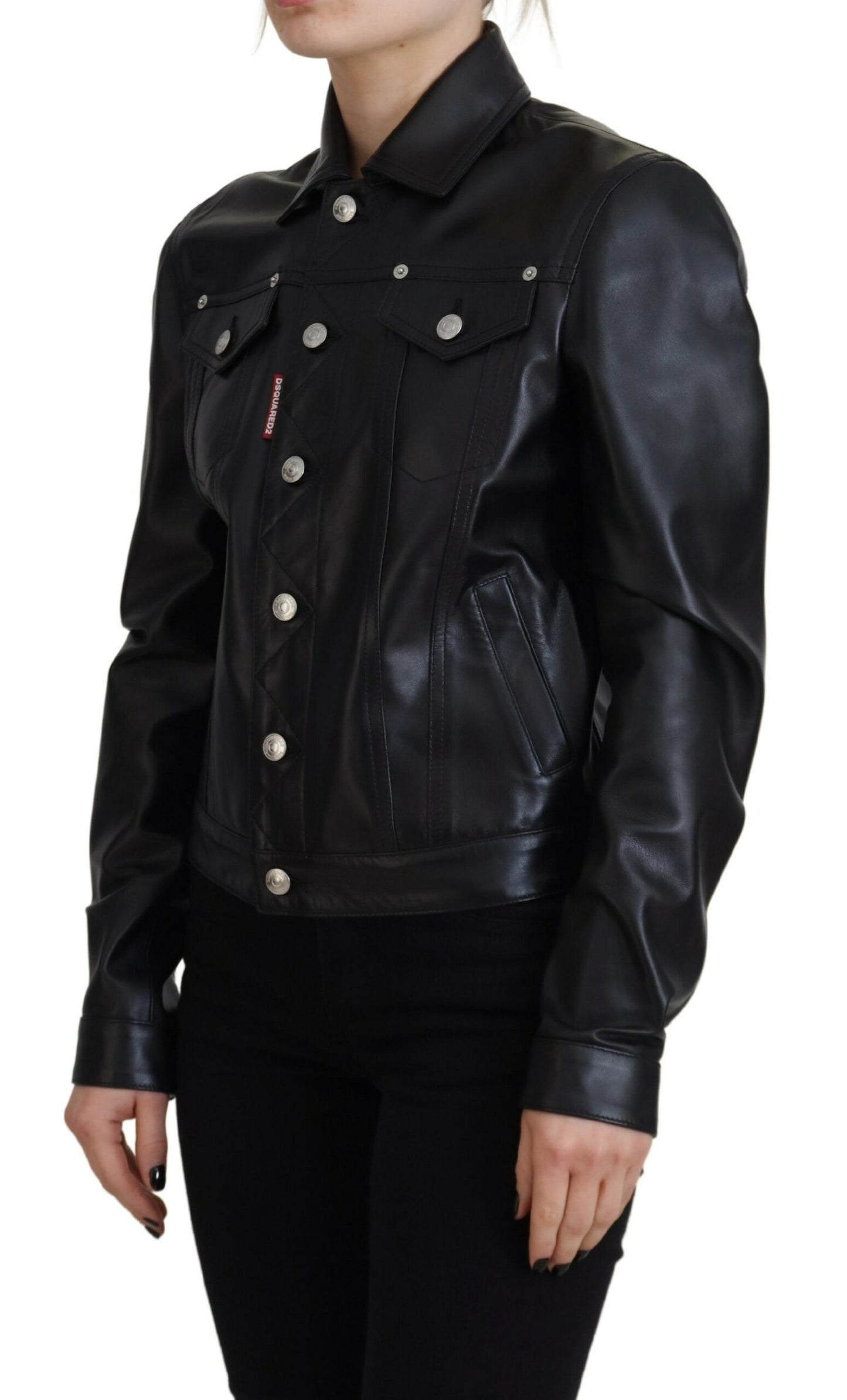 Dsquared² Schwarze Lederjacke mit Kragen und langen Ärmeln