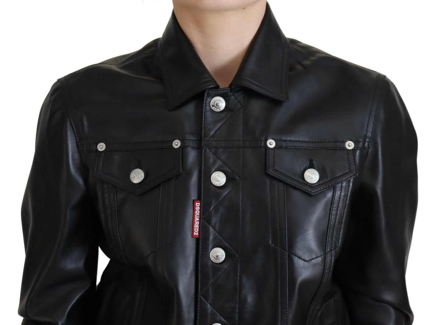 Dsquared² Schwarze Lederjacke mit Kragen und langen Ärmeln