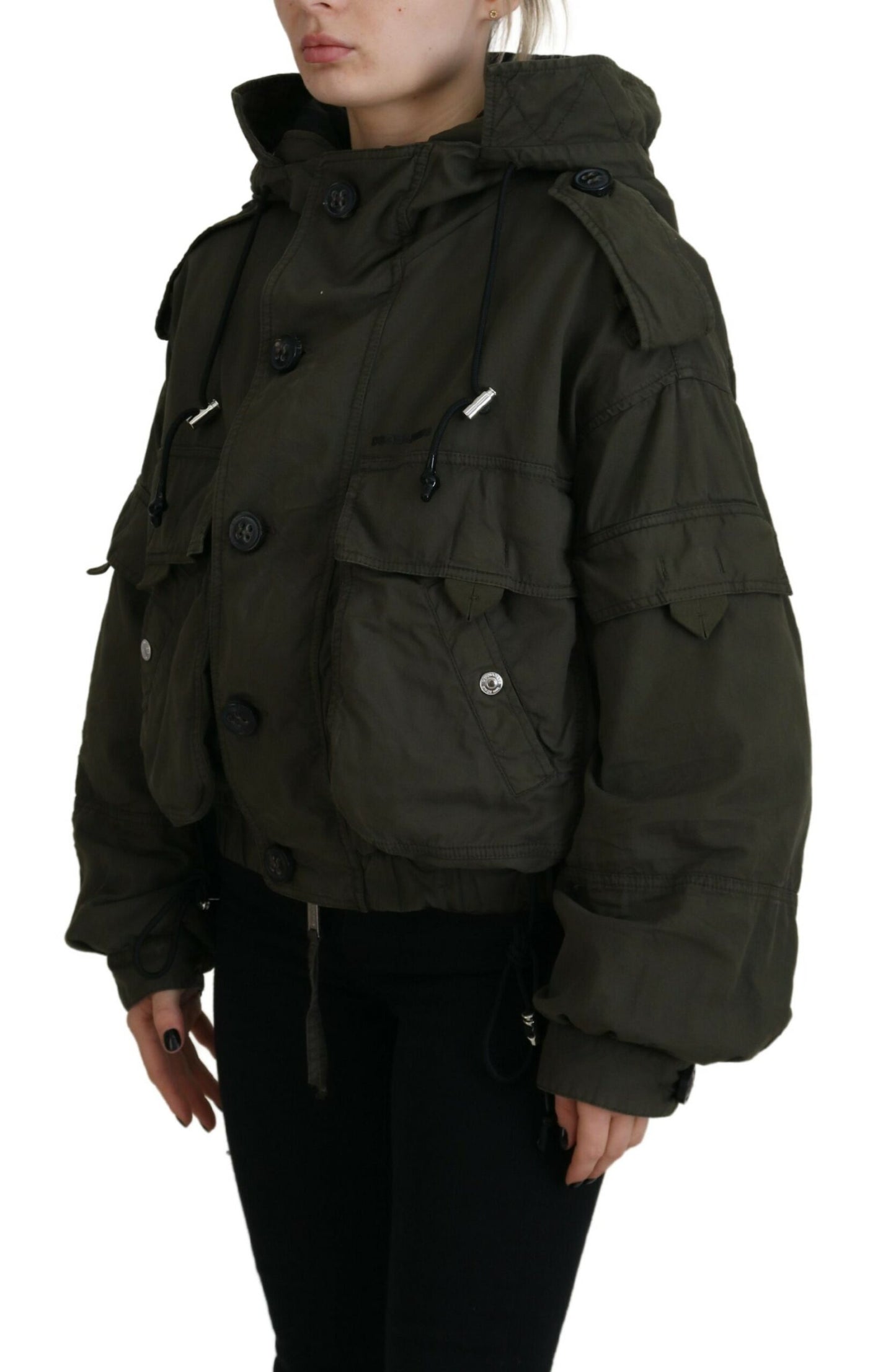 Dsquared² Green Cotton Cargo Button Jacket with Hood